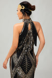Vestido de lentejuelas doradas negras con halter bodycon de los años 20 con flecos
