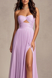 Vestido de fiesta plisado plisado sin tirantes lavanda con abertura