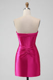 Elegante vestidos de coctel de corsé de satén fucsia Bodycon Sweetheart