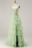 Corsé verde A Line sin tirantes Vestido largo de tul con volantes y abertura