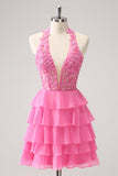 Vestido de fiesta corto con volantes corsé y cuello halter en color rosa intenso