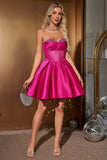 Lindo vestido de fiesta con corsé nupcial fucsia y corte en A con pedrería