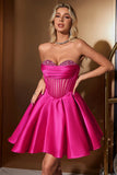 Lindo vestido de fiesta con corsé nupcial fucsia y corte en A con pedrería