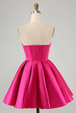 Lindo vestido de fiesta con corsé nupcial fucsia y corte en A con pedrería