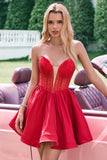 Vestido de fiesta corto con cuentas bonito con volantes corsé sin tirantes y corte en A en color rojo