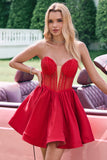 Vestido de fiesta corto con cuentas bonito con volantes corsé sin tirantes y corte en A en color rojo