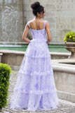 Lavanda Una Línea Corsé Tirantes De Espagueti Floral Escalonado Vestido De Fiesta De Bodas