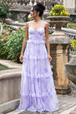 Lavanda Una Línea Corsé Tirantes De Espagueti Floral Escalonado Vestido De Fiesta De Bodas