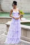 Lavanda Una Línea Corsé Tirantes De Espagueti Floral Escalonado Vestido De Fiesta De Bodas