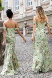 Vestido de invitada de la fiesta de bodas Maxi de la fiesta de la boda con estampado de corsé de sirena grande verde