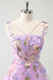 Vestido de cóctel corto de tul con flores halter de línea A morado