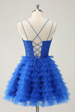 Elegante vestido de fiesta corto de tul con tirantes finos en forma de A en color azul y volantes