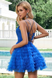 Elegante vestido de fiesta corto de tul con tirantes finos en forma de A en color azul y volantes