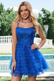 Elegante vestido de fiesta corto de tul con tirantes finos en forma de A en color azul y volantes