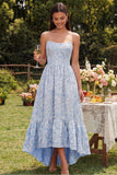 Vestido floral azul A-line sin tirantes alto y bajo