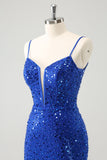 Vestido de fiesta corto ajustado con corsé brillante en azul real y lentejuelas