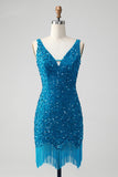 Sparkly Sage Bodycon Vestido Corto de Lentejuelas con Cuello en V con Borla