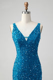 Sparkly Sage Bodycon Vestido Corto de Lentejuelas con Cuello en V con Borla