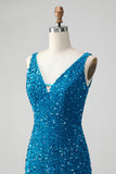 Sparkly Sage Bodycon Vestido Corto de Lentejuelas con Cuello en V con Borla