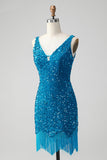 Sparkly Sage Bodycon Vestido Corto de Lentejuelas con Cuello en V con Borla