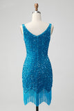 Sparkly Sage Bodycon Vestido Corto de Lentejuelas con Cuello en V con Borla