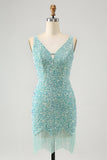 Sparkly Sage Bodycon Vestido Corto de Lentejuelas con Cuello en V con Borla