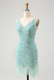 Sparkly Sage Bodycon Vestido Corto de Lentejuelas con Cuello en V con Borla