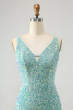 Sparkly Sage Bodycon Vestido Corto de Lentejuelas con Cuello en V con Borla