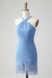 Vestido corto de lentejuelas halter azul real brillante con borla