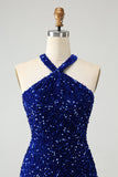 Vestido corto de lentejuelas halter azul real brillante con borla