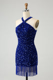 Vestido corto de lentejuelas halter azul real brillante con borla