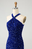 Vestido corto de lentejuelas halter azul real brillante con borla