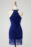 Vestido corto de lentejuelas halter azul real brillante con borla