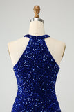 Vestido corto de lentejuelas halter azul real brillante con borla