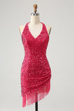 Vestido de cóctel ajustado corto con lentejuelas fucsia brillante y borlas