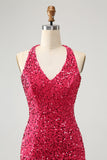 Vestido de cóctel ajustado corto con lentejuelas fucsia brillante y borlas