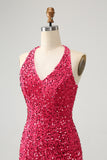 Vestido de cóctel ajustado corto con lentejuelas fucsia brillante y borlas