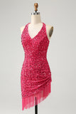 Vestido de cóctel ajustado corto con lentejuelas fucsia brillante y borlas