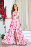 Vestido de fiesta largo plisado con estampado de flores rosas de una línea con abertura