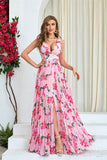 Vestido de fiesta largo plisado con estampado de flores rosas de una línea con abertura