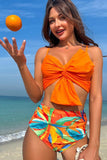 Orange Beach Vacation Conjunto de bikini con estampado de plantas tropicales con nudo delantero