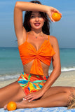 Orange Beach Vacation Conjunto de bikini con estampado de plantas tropicales con nudo delantero