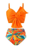 Orange Beach Vacation Conjunto de bikini con estampado de plantas tropicales con nudo delantero