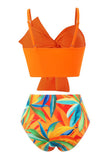 Orange Beach Vacation Conjunto de bikini con estampado de plantas tropicales con nudo delantero