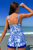 Chaleco con estampado de cuello en V azul azul de verano Traje de baño Tankini