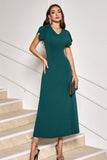 Vestido midi de cóctel verde oscuro con escote en V y manga corta