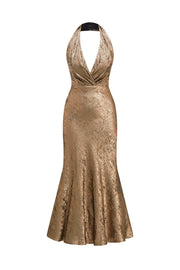 Vestido de cóctel midi de satén sirena con cuello halter dorado