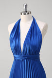 Vestido de fiesta largo plisado halter azul real