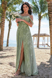 Vestido largo de dama de honor Dusty Sage Cold Shoulder A-Line Jacquard con abertura