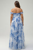 Corsé de flor blanca azul con hombro descubierto y vestido de dama de honor de talla grande con abertura
